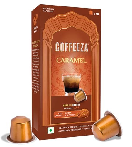 Coffeeza Capsules de café aromatisées au caramel, intensité -7 | Dosettes de café en aluminium | 100 % arabica | Boîte de 1 (10 capsules) | Infusion froide/chaude