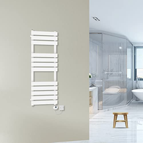 Warmehaus Prefilled 1200x450mm Flat Panel Electric Heated Towel Rail Thermostatic Bathroom Radiator White 500W
