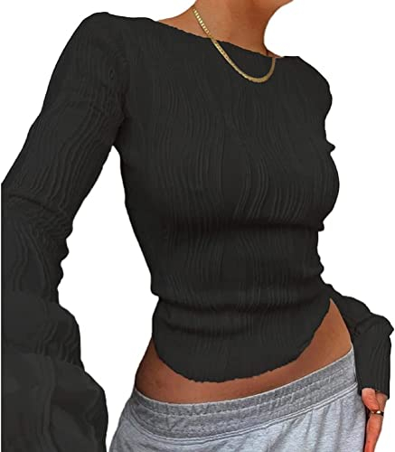 Frauen Sexy Slim Crop Shirt Langarm Crewneck Taillierte T-Shirts Top Knit Cropped T-Shirt Bluse Retro Streetwear (1205-Schwarz, S)