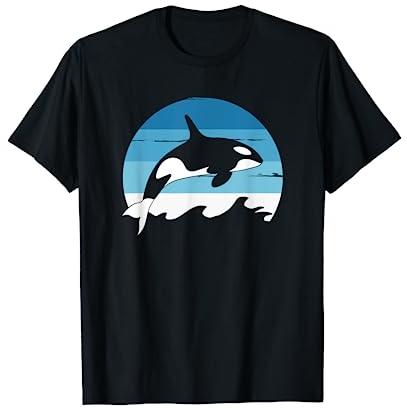 Save the Ocean Retro Orca T-Shirt Schwarz Cartoon Tierliebhaber, Cartoon-Fans Unisex-Erwachsene, Unisex-Kinder Klassische Passform Klassisch geschnitten, doppelt genähter Saum Kurzarm Einheitsgröße S