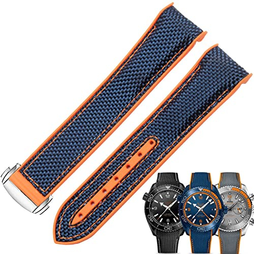 AEMALL 20 mm 22 mm Uhrenarmband für Omega 300 SEAMASTER 600 PLANET OCEAN Faltschnalle Silikon Nylon Armband Uhrenzubehör Uhrenarmband (Farbe: Blau Orange Silber, Größe: 22 mm)