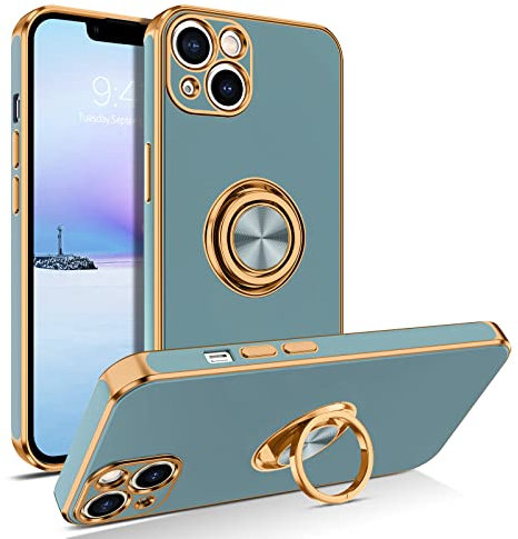 BENTOBEN for iPhone 13 Mini Case 5.4 with Ring, Phone Case for iPhone 13 Mini, Holder Edge Plating Rotation Kickstand Soft Silicone TPU Bumper Slim Shockproof Protective Cover for iPhone 13 Mini Gray