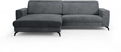 CAVADORE Ecksofa Bounce mit Cord-Bezug / Eckcouch mit Longchair, Metallfüßen + Kopfteilverstellung / 290 x 88-108 x 178 / Breitcord, Grau