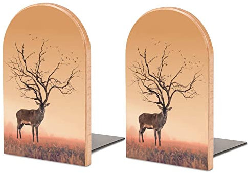 Dry Tree Like Red Deer Stag Wooden Bookends Non-Skid Book Holder Funny Book Organizer Book Ends Decorativer