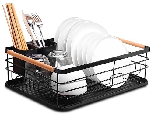 JUPPLIES Escurreplatos de Acero Inoxidable con Soporte para Utensilios Extraible, Portavasos y Estante de Gran Capacidad - Escurridor de Platos con Bandeja de Goteo - 41.5x31x11cm (Negro)