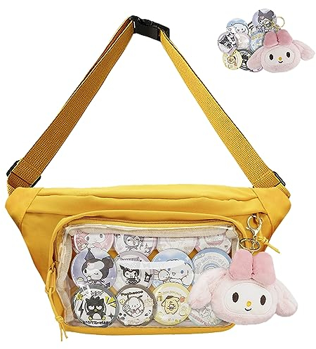 Fanny Pack Ita Tasche - Kawaii Crossbody Messenger Mit Klarem Fenster für Pin-Display - Japanische Hüfttasche für Frauen, Lolita Brusttasche, Geldbörse (Gelb)