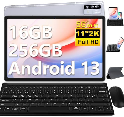 Oangcc Tablette 11 Pouces Tablette Tactile Android 13, 16Go RAM+256Go ROM/TF 1To, 8 Cores, 2.0 GHz, 8600mAh, 2000 * 1200 FHD, WiFi 5G, 4 Haut-Parleurs, 5MP+13MP, BT 5.0, avec Clavier et Souris - Gris