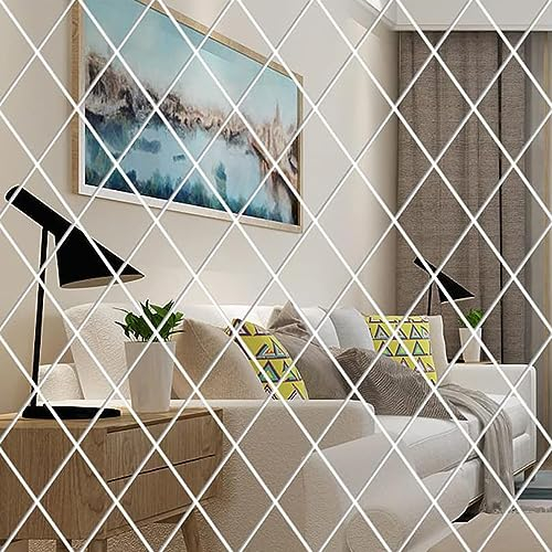 SSyang 32 Pezzi Adesivi da Parete con Specchio Rombo Autoadesivo,3D Acrilico Rimovibile Fai da te Arte Piastrelle Impermeabili Mobili Decorazione,Per Pareti,Finestre e Armadi,50 * 100cm(D'argento)