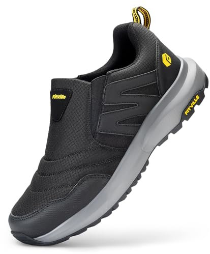FitVille Baskets extra larges pour homme, chaussures de marche et de randonnée à enfiler avec rebond élevé, antidérapantes et anti-douleurs au pied pour l'extérieur, Noir , 39.5 EU