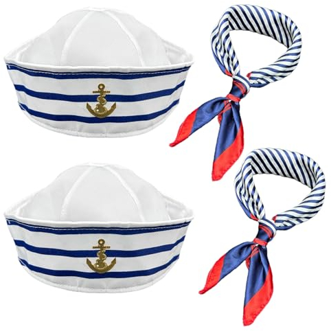 SKHAOVS Kapitän Matrosen Kostüm Set, Streifen Matrosenmütze und Schal Set,Matrosenschiff-Kappe, Einheitsgröße, Marine Outfit, Verkleidungsparty für Damen und Herren, Kostümzubehör (Blau)