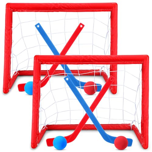 Leyndo 2 Sets Kinder-Mini-Hockey-Set enthält 2 Hockeynetze, 2 Mini-Hockeytor, 4 Kunststoff-Mini-Hockeyschläger, 4 Schaumstoffbälle, Kniehockeytor, Hockeyball für Kinder, Indoor-Boden