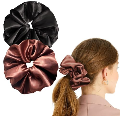 Annauiy 2 Stück Haargummis Scrunchies Satin für Damen,8CM Extra Großer Blumenstrauß für Damen, Frauen, Mädchen 2 Farben -Schwarz,Rot(XL:8CM)