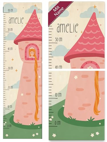 Shirtracer Messlatte Kinder personalisiert Prinzessin im Turm | Holz, 0 - 60 cm, Größe, Geschenk, Messleiste, Wand-Deko, Königreich, Krone, Wachstum, Kinderzimmer, Holzdeko, Dekoration