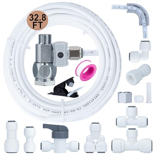 Refrigerator Water Line Kit Connection and 1/4 Compression Ice Maker Installation Kit,1/4 OD Tubing with Quick Connect for Fridge IceMaker RO Systems Water Filter Faucet,+Feed Water Adapetr 32.8ft