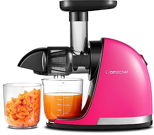 AMZCHEF Extracteur Jus - Extracteur de Jus de Fruits et Légumes - Presses-agrumes à Froid sans BPA avec 2 Tasses et Brosse - Fonction de Mastication Inversée pour Éviter les Blocages - Magenta