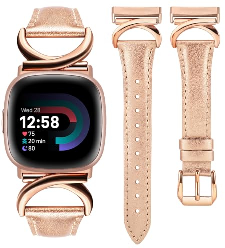 TOYOUTHS Lederarmband kompatibel mit Fibit Versa 4/Versa 3/Sense 2/Sense Armband Damen, Schlank Elegant Dressy Armbänder mit C-förmiger Schnalle für Versa 4 3 Sense 2, Rose Gold/Rose Gold