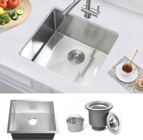 Bokaiya Lavello Cucina 1 Vasca, 50 x 45 cm, Lavello in Acciaio Inox da Incasso, Lavandino Cucina con Kit di Scarico, da Appoggio o Filotop Lavello Cucina Moderno, Spazzolato