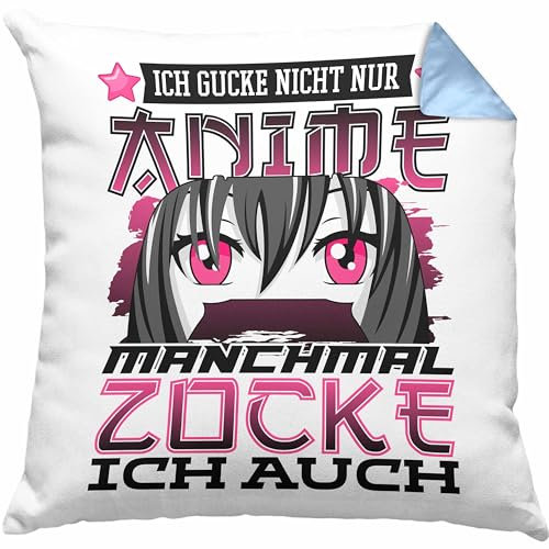 Trendation Anime und Zocken Kissen mit Füllung 40x40 Geschenk Mädchen Anime-Fans Gamergirl Spruch (Blau)