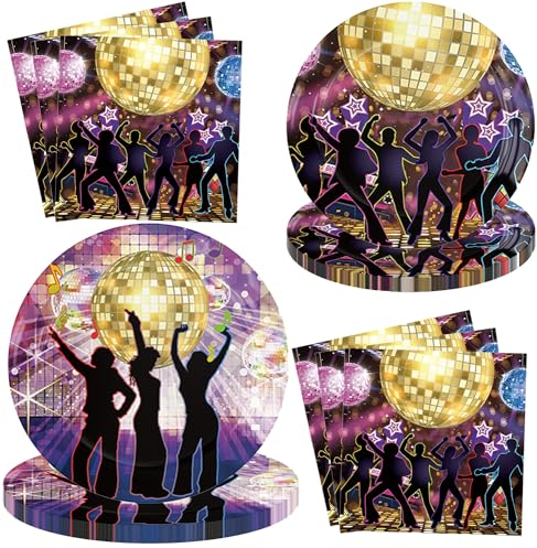 Disco Theme Party Tableware Set - 70s 80s 90s Dance Theme Birthday Decorations Supplies for 10 Guests (Purple)