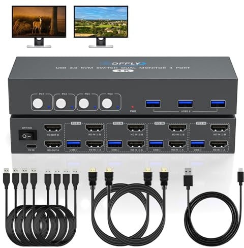 USB 3.0 HDMI KVM Switch 4 PC 2 Monitore mit 3 USB-Anschlüssen, 4K@60Hz für 4 Computer, die Dual Monitore und Tastaturmaus Gemeinsam Nutzen, Unterstützt Tastensteuerung, EDID Kompatibel