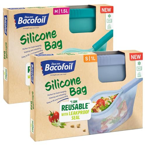 Bacofoil Reusable Silicone Food Bags - Food Storage for Fresh Produce, Meal Prep, Soups - Reusable Freezer Bags for Storage, Freezing & Reheating - Microwave & Dishwasher-Safe, 2-Pck, 1L & 1.5L