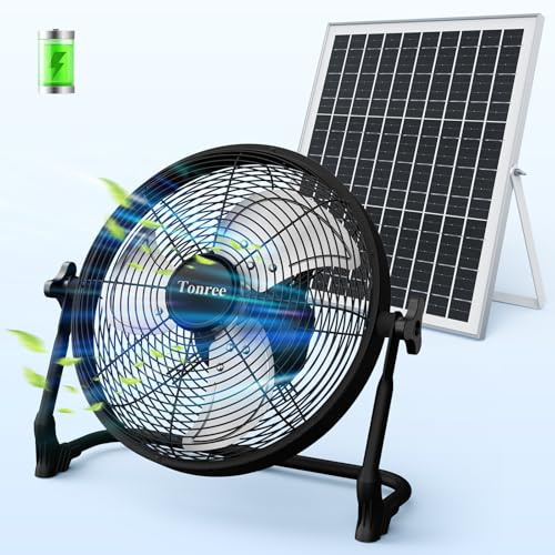 14 Portable Battery Operated Solar Fan, Rechargeable Floor Fan, Hi-Velocity Cordless Camping Fan, USB Phone Charge, 12-60H Runtime, Quiet, Wireless, For Travel Shed Outdoor Home Garage Tent Car Barn