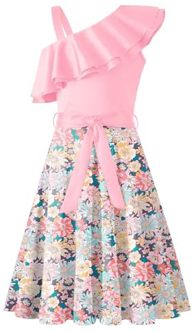 Arshiner Mädchen Kleider Eine-Schulter Sommer 5-14 Jahre | Rüschenkragen mit gürtel, A linie, Ärmelloses, Schulterfrei, Festliche, Elegant, Freizeit, Party, Einfarbig