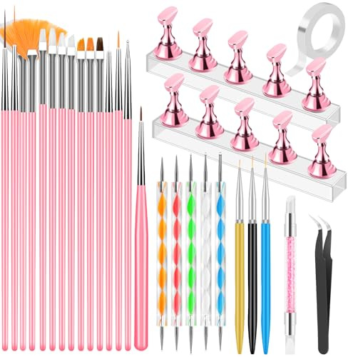 YOOVR Nail Art Tools Set, Nail Stand for Press On Holder for Painting Nails, Nail Art Brushes, Liner Brushes, Nail Dotting Tool, Must Haves Design Tools for Nail Tech & Beginners Nail Art Supplies Kit