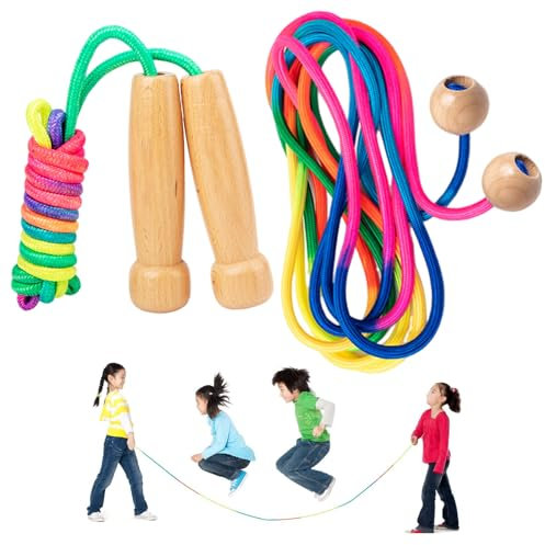 Zyiphor Cuerda de Saltar para Niños con Mango de Madera - Arcoíris Comba de Algodón Skipping Rope Ajustable (5M/2.8M), 2 Piezas