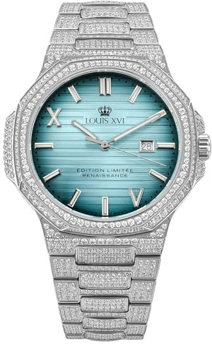 LOUIS XVI Renaissance 1623 - Ø 40 mm - Herren Uhr - Wasserdicht - Saphirglas - Armband Silber - Iced Out CZ-Diamanten - Zifferblatt Blau - CH Quarzwerk