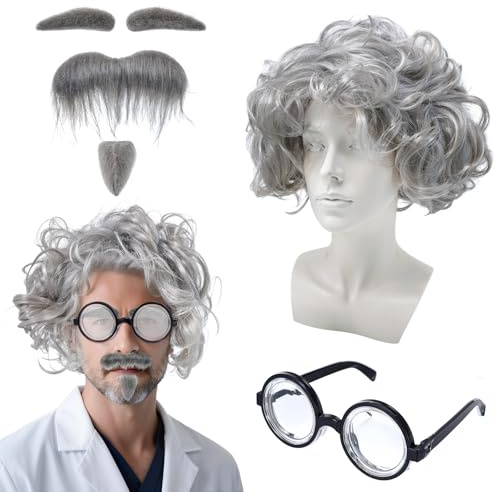 4Stück Verrückter Wissenschaftler Kostüm Set, Graue Herren Perücke mit Bart, Augenbrauen & Brille, Opa Kostüm Zubehör für Halloween, Karneval, Cosplay & Mottoparty