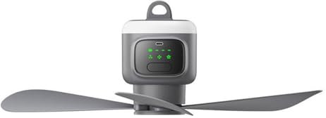 Klaisy Ventilador de techo recargable con control remoto de 3 velocidades y luz ajustable para camping, tiendas de campaña, dormitorios, ventilador colgante
