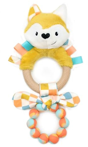 LES DEGLINGOS Anneau de Dentition Cyranos le Renard, Silicone et Bois, Eveil bébé, Jaune Moutarde, 24 cm