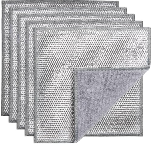 PIPUHA 5 Pack Metallic Fiber Scrubber, Non-Scratch Heavy-Duty Dish Cleaning Cloth for Wet and Dry, Reusable Stainless Steel Scrubber for Kitchen, Dishwasher Safe, Multi-Use Cleaning Rags (5)