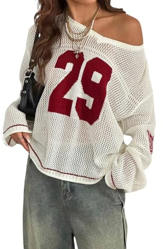 Generisch Tshirt Damen Sommer Oversized Jersey Tops Schulterfrei Shirts | Schulterfreies Oberteil für Damen, V-Ausschnitt, 29 Nummer Grafik T-Shirt, Y2k, E-Girl, Ausgehen Jersey Tops
