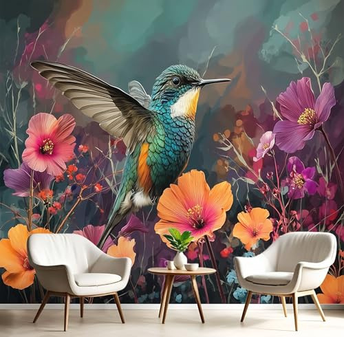 Kolibri Blumen Fototapete 3D, Tierölgemälde Wandtapete Schlafzimmer, Türkis Tapete Wanddekoration, Büro Wandbild, Kinderzimmer Fototapete, Wanddekoration 150X105Cm