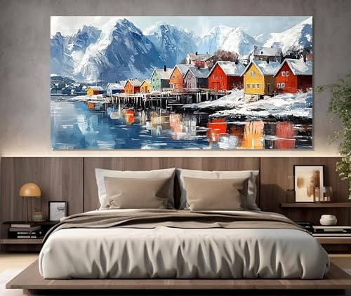 XINBAO Gemälde skandinavischer Häuser auf Leinwand gedruckt, Foto, Leinwanddruck, malerische Winterlandschaft, Norwegen-Poster, Wanddekoration, 50 x 100 cm, rahmenlos