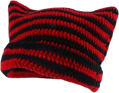 TeaATiCh Cat Ear Striped Knitted Mütze,Wintermützen mit Katzenohren,Katzenohren Strickmützen