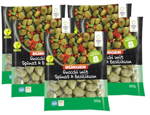 BÜRGER Gnocchi mit Spinat & Basilikum, 500 g – Kochfest, Airfryer-geeignet, vegetarisch, aromatisch & schnell zubereitet, 5 Beutel á 500g