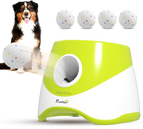 PawHut Automatic Dog Ball Launcher for Medium Dogs Green | 5 ETPU Balls, 3 Distance Settings (6/10/14 m), Indoor Outdoor Interactive Toy