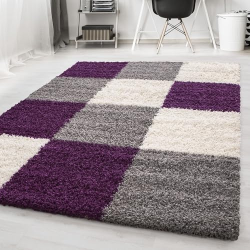 Carpetsale24 Hochflor Teppich Shaggy kariert 120x170 cm Violett, weich & flauschig, modernes Karo Muster, rechteckig, perfekt für Wohnzimmer oder Schlafzimmer, stilvoll & bequem