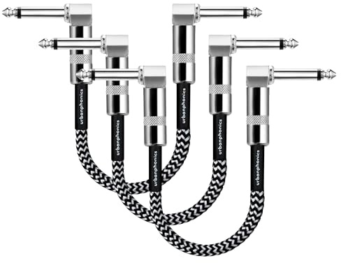 Urbanphonics Guitar Patch Cable | 6.35mm Jack Pro Grade Noiseless | 23 cms Pedalboard Cord Lead | Right Angle Male to Male | for Guitar, Bass and Effects Pedals | 3 Pack Black & White Braided Tweed