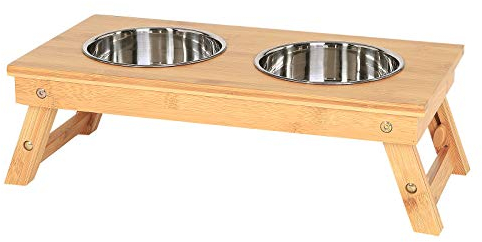 lionto Gamelle pour Chien réglable en Hauteur en Bambou Robuste, 45x23 cm, Hauteur 14,5-18,5 cm, Double écuelle pour Chiens et Chats avec 2 Bols INOX Ø 15 cm, 700 ML chacun, Passe au Lave-Vaisselle
