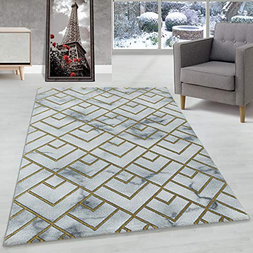Teppich Wohnzimmer Skandinavisch Design Teppich Marmor Optik mit Glanzfasern Modern Optik, Farbe: Goldfarbe, Größe: 140 x 200 cm