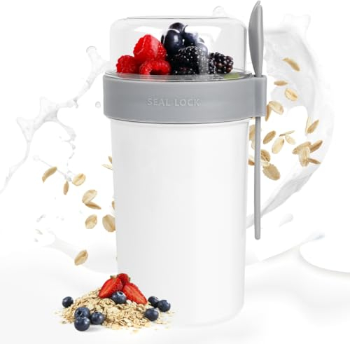 Aurasky Tasse yaourts avec Couvercle, Bol muesli a emporter, Pot Yaourt Compartiments Séparés, Tasses à Salade pour Les Enfants et Les employés de Bureau 230ml+760ml Blanc