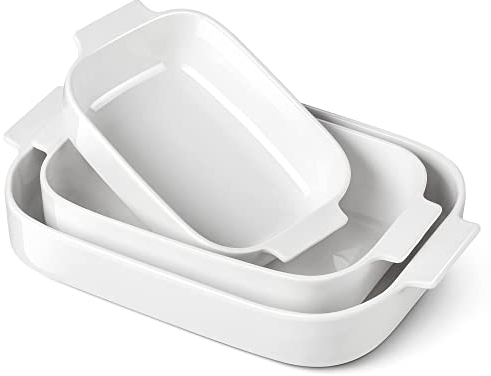 MALACASA, Serie Bake.Bake, 3 TLG. Porzellan Auflaufformen Backformen Ofenform Set Brotbackform Kuchenform Teller Back Set Schale Suppenteller in 3 Größe Weiß