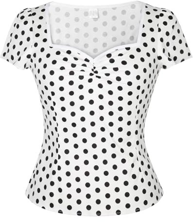 YARN & INK Damen Rockabilly Tops 1950er Pinup Shirt Casual Schulterfrei Vintage Bluse, Weiß mit schwarzen Punkten, X-Groß