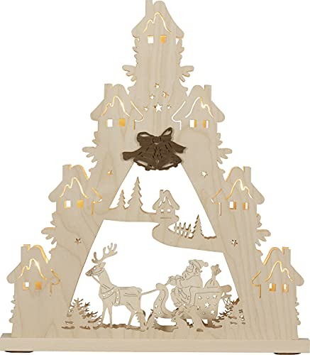 WEIGLA - Lichterspitze original Erzgebirge I Motiv Weihnachtsmann auf Schlitten I LED Lichterbogen Weihnachten I 7 Lampenkerzen + 1 Ersatzlampe I 7 x 34 V, 0,2 W, E10 I Weihnachtsdeko innen I aus Holz