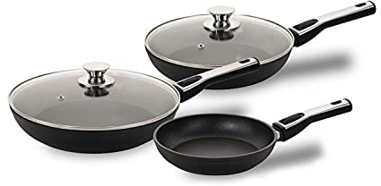 Genius Cerafit Plasma Bratpfannen Set 5tlg 20cm 24cm 28cm + Glasdeckel - ofenfeste Keramikpfannen mit kratzfester Antihaft-Beschichtung | Induktions-Pfannen mit abnehmbarem Griff, Groß, Schwarz