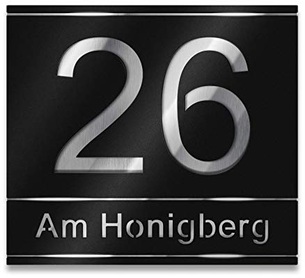 Metzler Hausnummernschild Edelstahl, individuelle Hausnummer in Tiefschwarz mit ausgelaserter Hausnummer und Straßenname. Rostfrei, 3D-Effekt, inkl. Beschriftung, Made in Germany, Größe: 21,5 x 19 cm